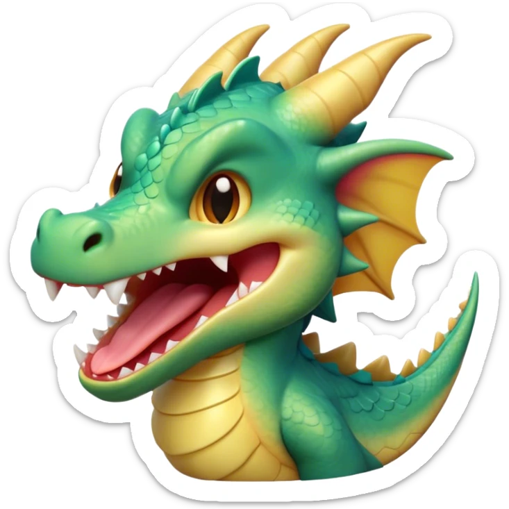 Cinematic Cute Yawning Dragon Portrait Emoji, Head tilted slightly with a dramatic, wide-open yawn, showcasing a soft, lustrous scaled body with gently drooping fins and half-closed, drowsy eyes, Simplified yet irresistibly adorable features, highly detailed, glowing with a soft, cozy mythical glow, high shine, relaxed yet expressive, stylized with a dash of fantastical charm, soft glowing outline, capturing the essence of a sleepy yet affectionate dragon that seems ready to stretch out and rest in its enchanted lair! sticker