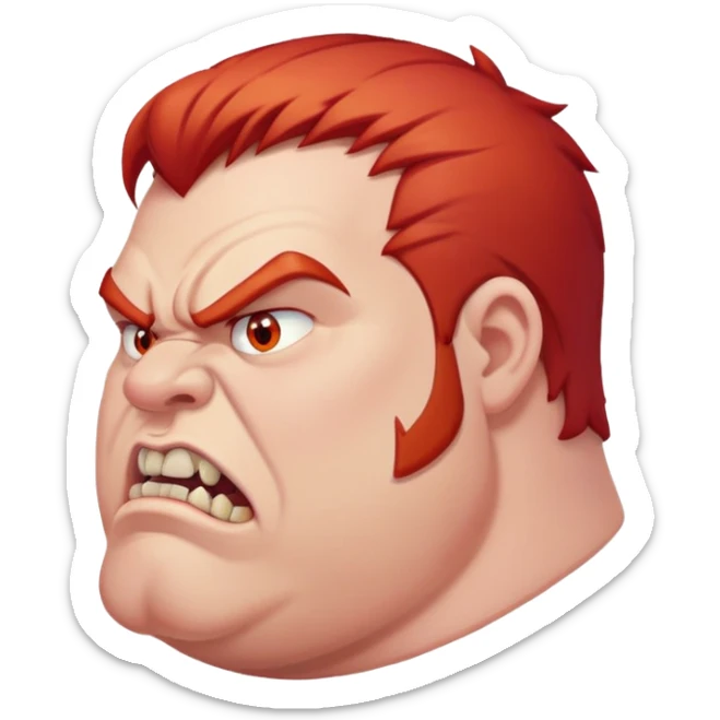 young angry fat man in profile view with red hair and fangs sticker