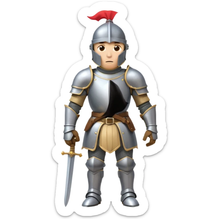 A cartoon knight in full armor with a closed helmet, expressing disgust. The knight's head is tilted slightly downward, arms pushed away from the body, and legs apart. sticker