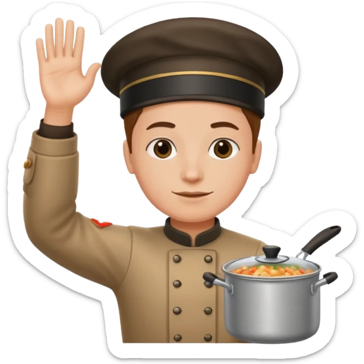 one hand needs to be saluting so right arm saluting , left arm holding cooking item sticker