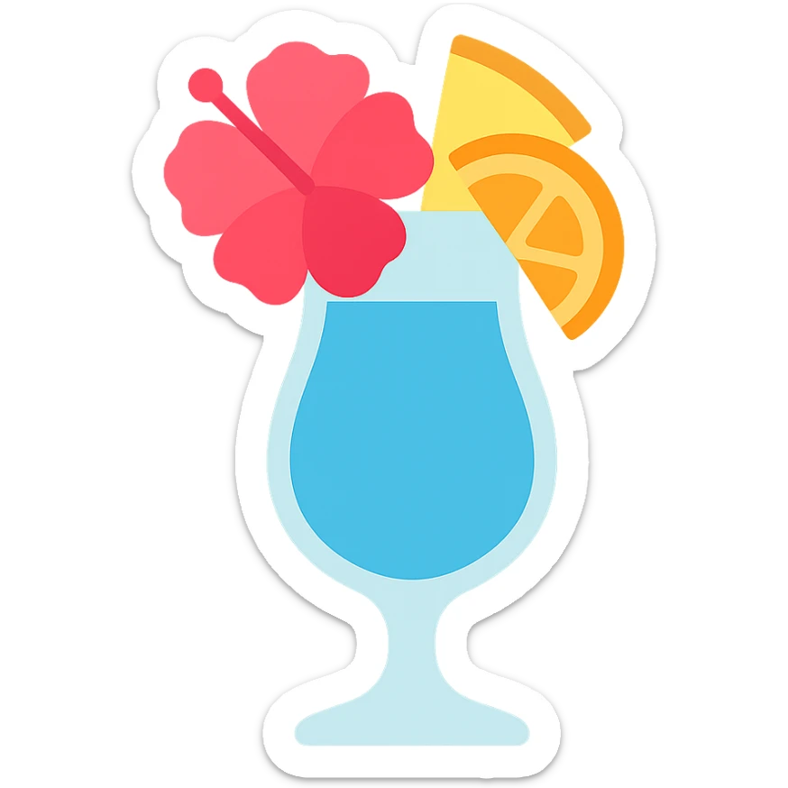vibrant tropical fruity blue cocktail with hibiscus, pineapple and orange garnishes sticker