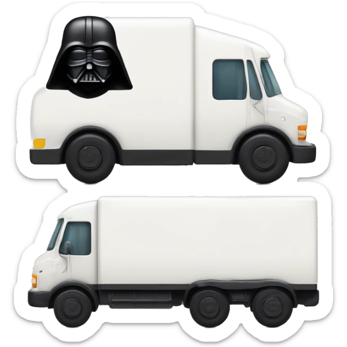 Side view of 1976 very long mail delivery truck shaped like Darth Vader’s body  sticker