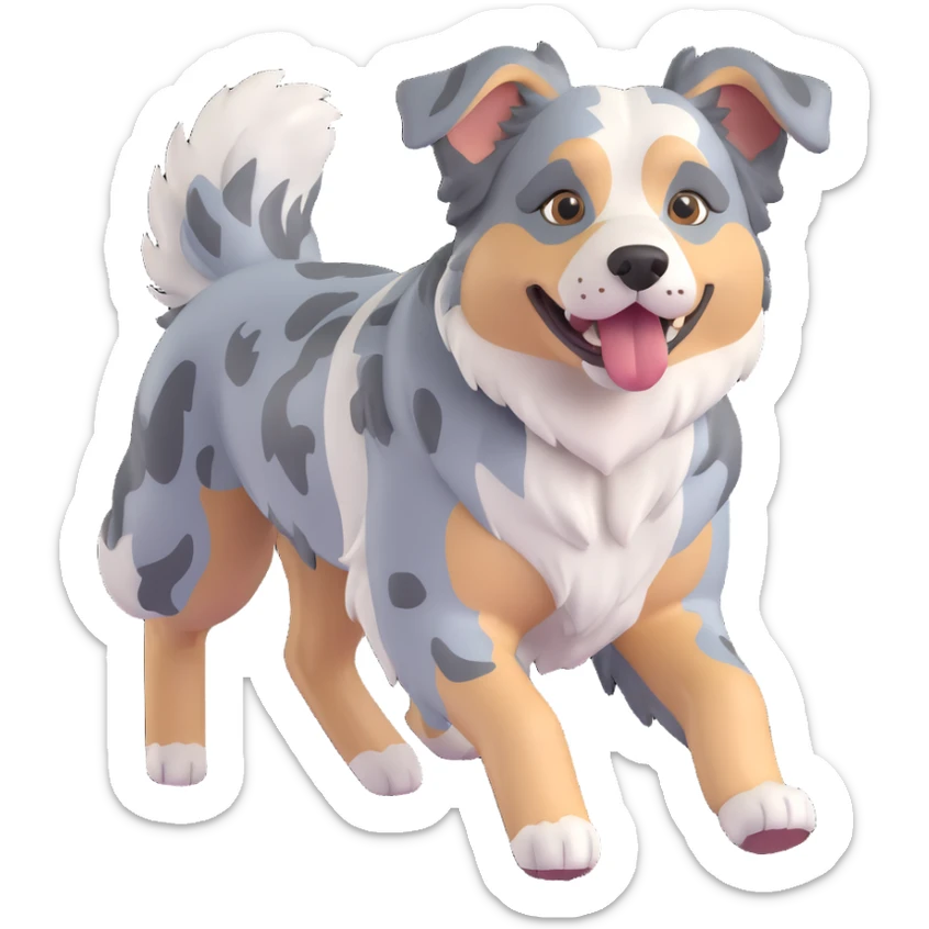 berger américain merle bleu (poil noir plutot que gris/bleu, blanc et marron)  en train de courir sur plage  sticker