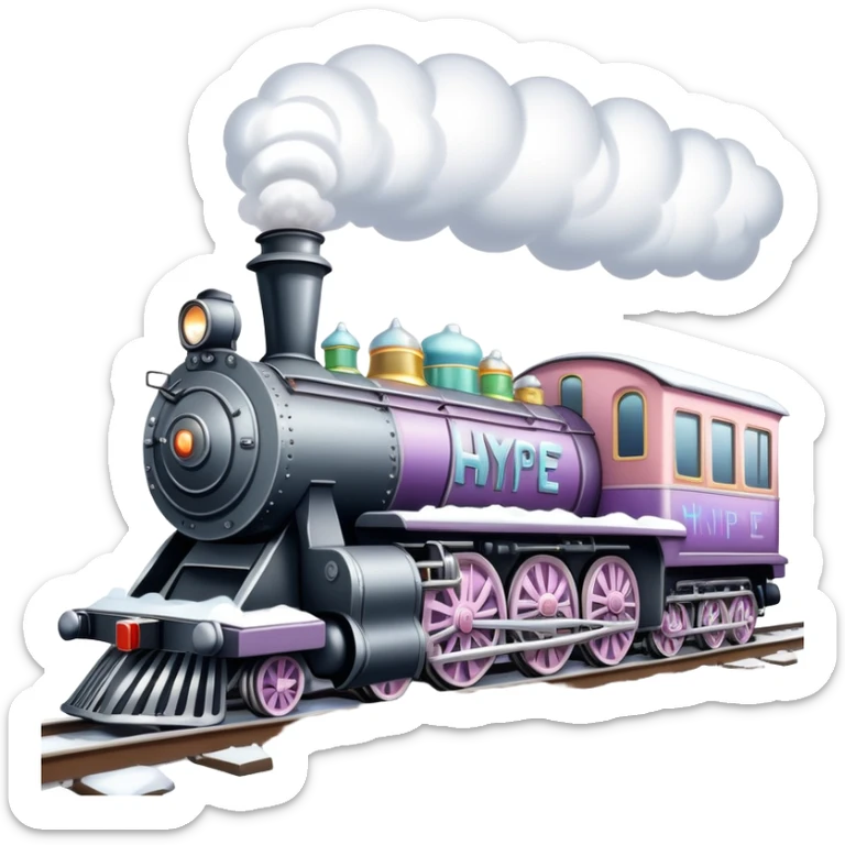 Realistic old fashioned Christmas steam train with pastel colors and shiny metallic silver decorated with diamonds and rhinestones sitting on train tracks on top of snow isolated with graffiti of the word Hype on it sticker