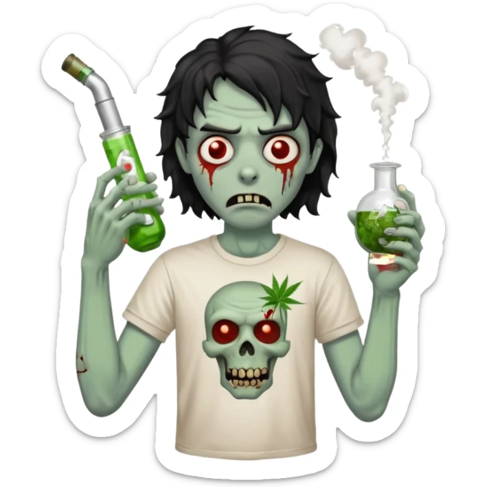 black wavy haired zombie getting stoned with weed t shirt and bong on his hand sticker