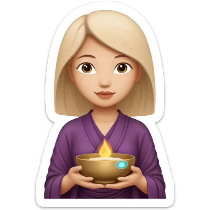 A woman holds a Buddhist empty bowl in her hands. There is a glow around the girl. sticker