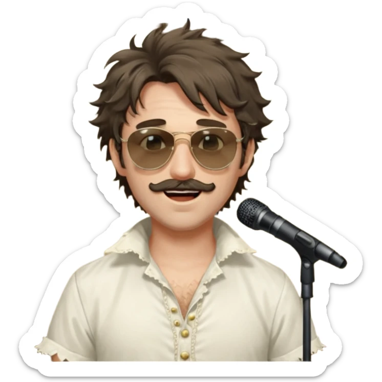 cinematic realistic - messy, shaggy with big sideburns Jim Morrison in an ivory Victorian shirt, singing in a trance on stage, wearing Ray Ban sunglasses sticker