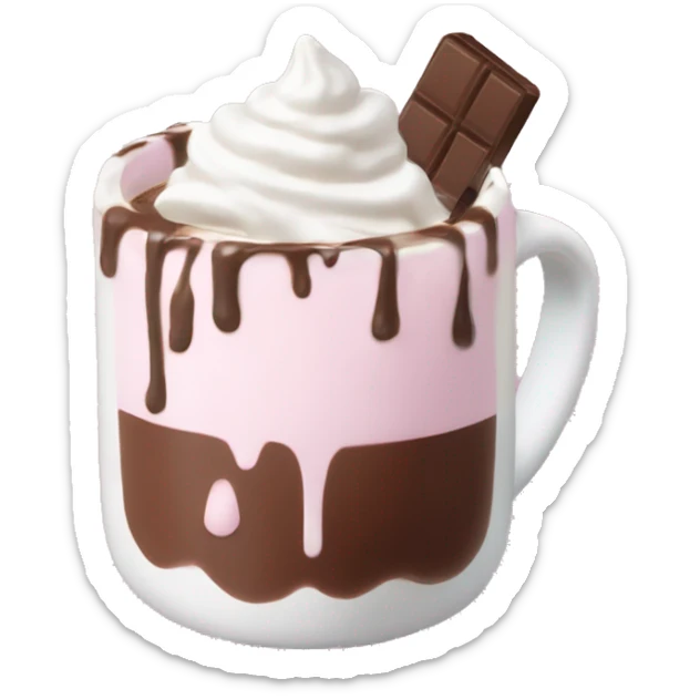 hot chocolate with mug and whip cream and chocolate drizzle and pale pink strawberry and marshmellows sticker