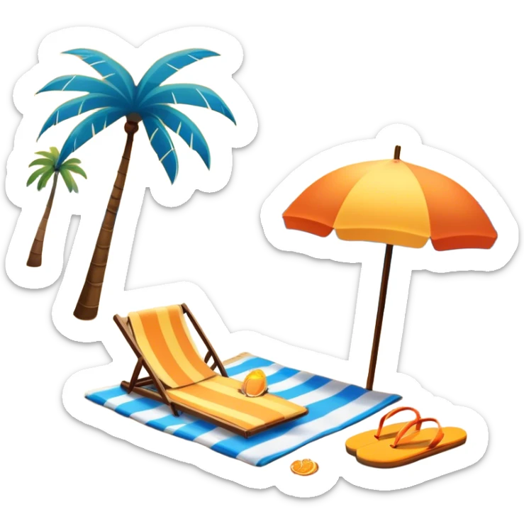 Icon for Beach Tourism: with the blue ocean, orange sunset, yellow sand beach and palm trees in the background, a sun umbrella, flip-flops, and a beach towel on the sand. The icon should represent relaxation and fun at the beach. Transparent background sticker