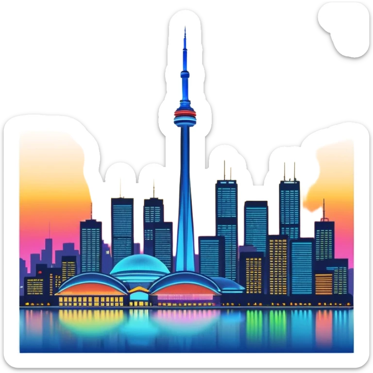 Beautiful bustling, Toronto city skyline, towering buildings, CN tower and skydome are lit up brightly with colored neon lights, the rest of the buildings have detailed lights, urban-themed.  high quality, 8k, 8000x8000 pixels resolution. No emoji icons, no emoji faces, no human figures.  sticker