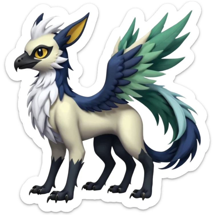 Dark-deep-colored gryphon-Trico-Nargacuga-Absol-Leafeon-Sprigatito-Silvally-fusion-hybrid with a long tufted tail, black beak, black claws, black tail, majestic, realistic, furry (full body) sticker