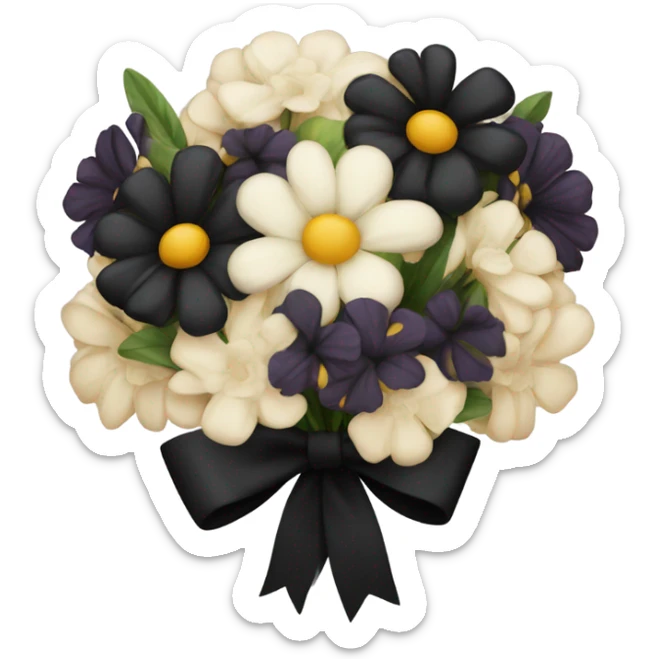 black bouquet of different flowers tied together with black bow sticker