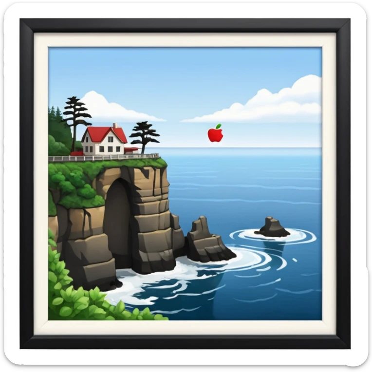 Cape Flattery viewpoint with rocky outcrop and sea, Apple emoji style, no text sticker