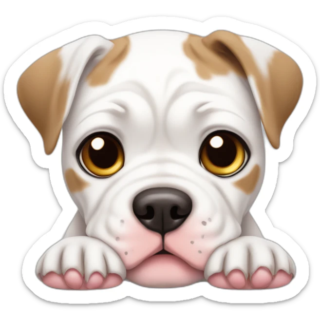 Sad White American bulldog puppy with a brown patch and hearts sticker