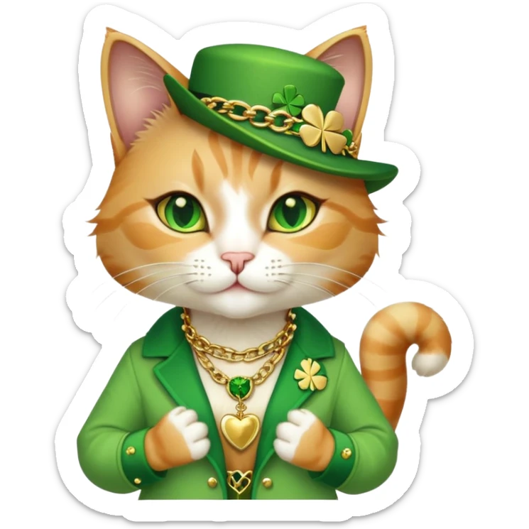 female cat dressed in hip-hop Run DMC style, green outfit, shamrock accessories, gold chains, bling, St. Patrick's Day sticker