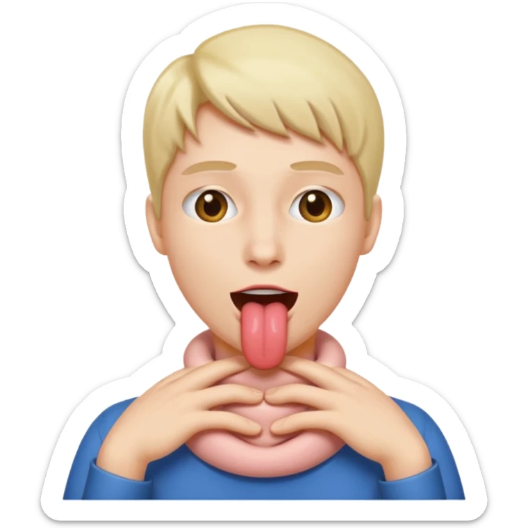 Person with their two hands around their neck, with their tongue sticking out sticker