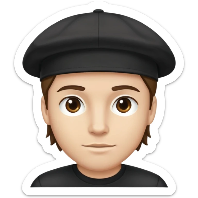 a white bro with brunette hair, wearing a black cap and a black shirt sticker