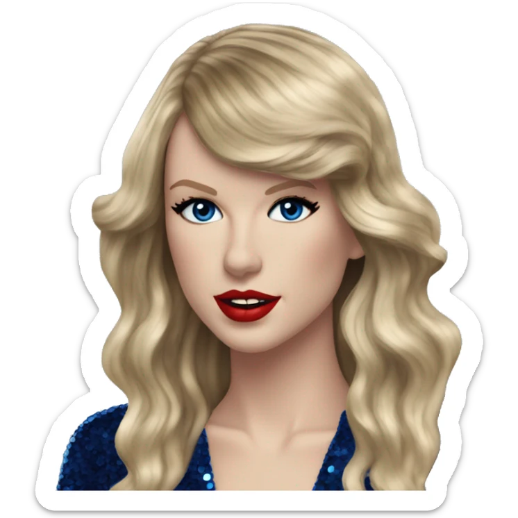 Realistic Taylor swift wearing navy blue glittery sequin bodysuit and long hair with red lipstick and blue eyes  sticker