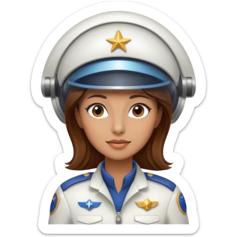woman with brown hair and brown eyes.  space ship captain with white hat sticker