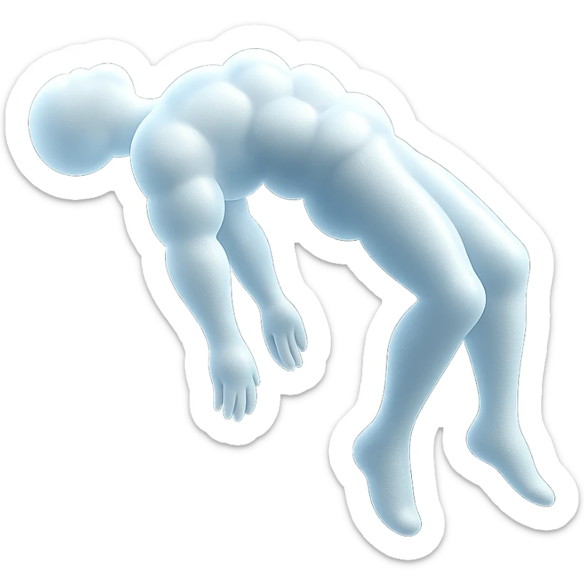 side view of a person unconscious flying upwards by the torso, legs and arms downwards, made of small very bright white fluffy convex clouds, matte glass style sticker