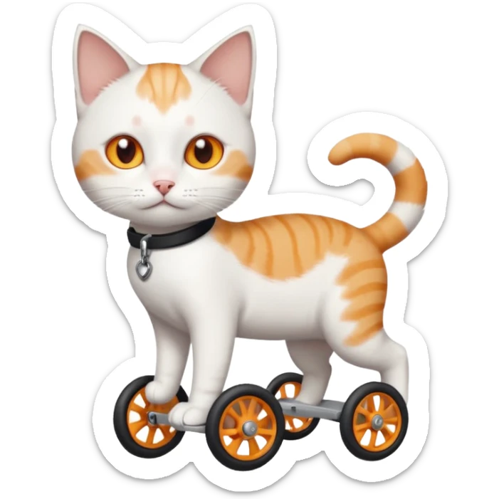 full body small short hair ginger and white cat with orange eyes walking in a wheelchair for cats sticker