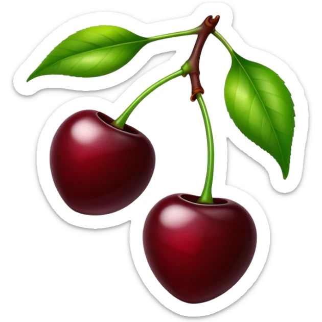 Pair of dark burgundy cherries with green stem, deep rich red color sticker