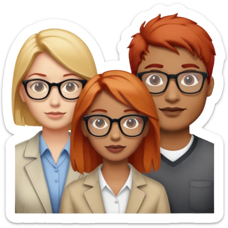 3 people one Indian male, one red haired female with glasses, one blonde haired female with glasses sticker