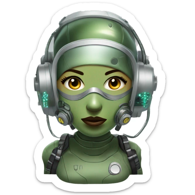 Olive green hair female cyborg head with respirator mask and circuits sticker