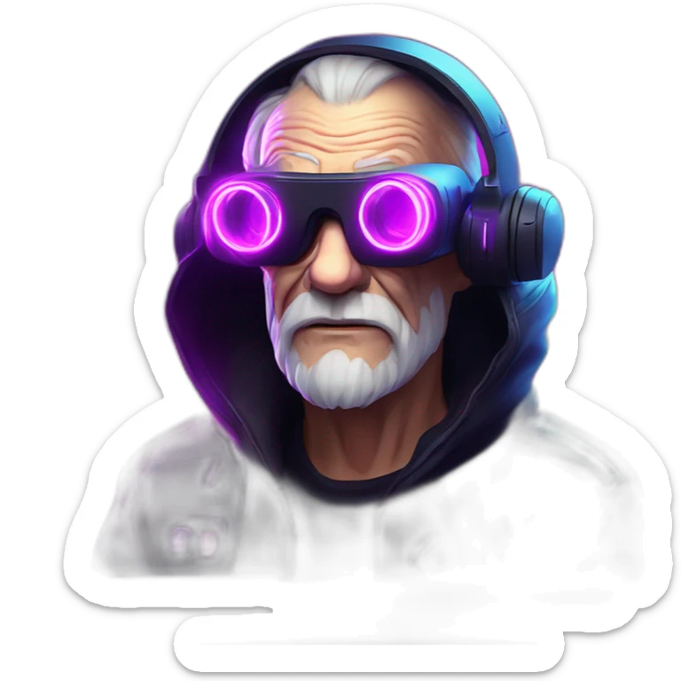 Russian old man wearing a black hoodie with "OMG" letters on it and VR headset in a cyberpunk VR environment with violet neon lighting. sticker