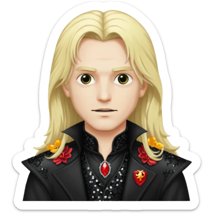 Alucard ,Son of Dracula with long blonde hair, black sequin outfit sticker