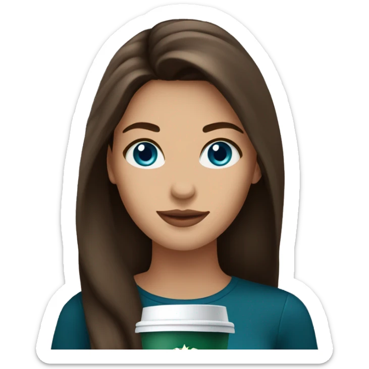 Brunette with long hair and blue eyes and Starbucks coffee sticker