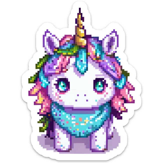 Add sparkles to the bright unicorn headband. Keep the pixel art style. The unicorn remains dirty, crumpled, with bags under its eyes and a drooping horn. sticker