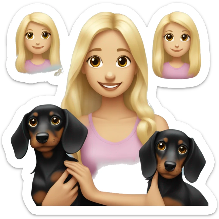 Long-haired black dachshund puppy with blonde girl sticker