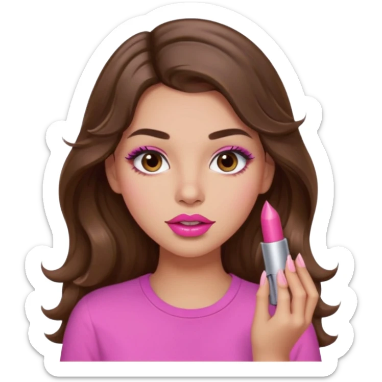 girl with long wavy brown hair, brown eyes, light to medium complexion, in a pink shirt, pink lips, long lashes, puckered lips, putting on lipstick sticker