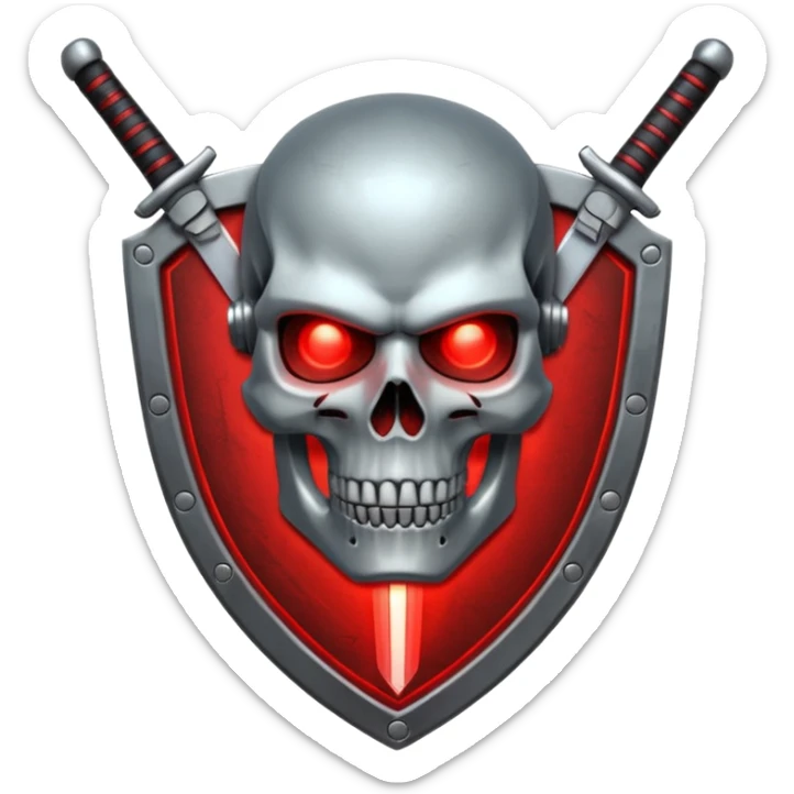 Sci-fi shield badge, terminator style skull, glowing red eyes, crossed futuristic sword energy, starwars light sable, no background sticker