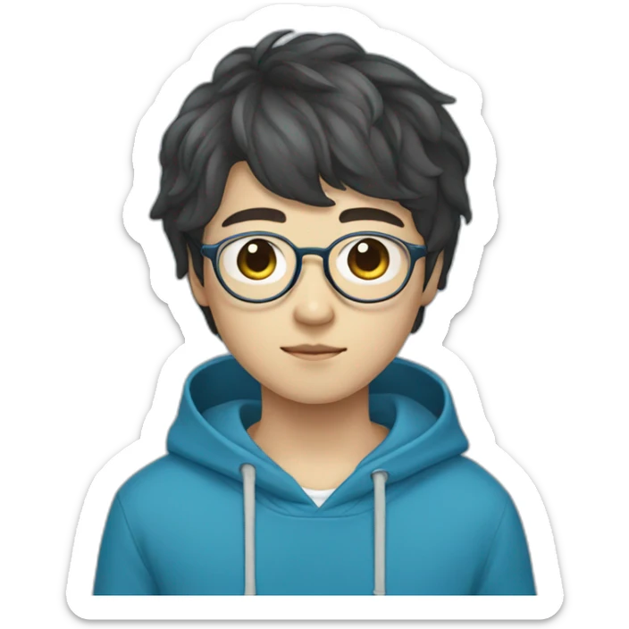A korean boy with korean hair wearing glasses with cool headphone and wearing a blue hoodie sticker
