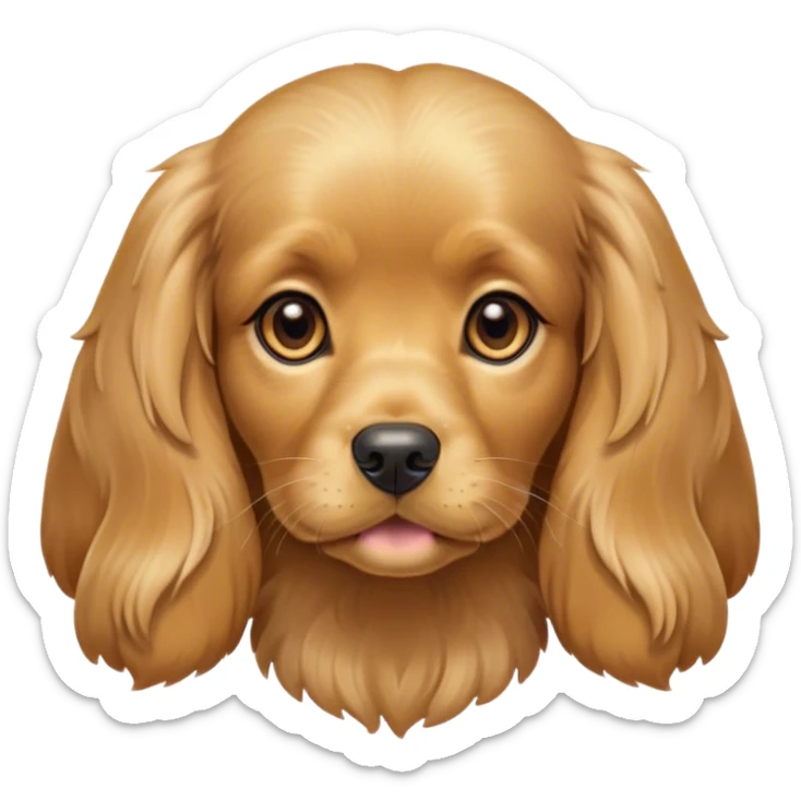 Cinematic Cute Gold Cocker Spaniel Portrait Emoji, Head tilted playfully and inquisitively, showcasing a silky, golden coat with a natural sheen, round, sparkling brown eyes filled with curiosity, Simplified yet irresistibly adorable features, highly detailed, glowing with a warm, friendly glow, high shine, affectionate and lively, stylized with a touch of whimsy, bright and endearing, soft glowing outline, capturing the essence of a mischievous yet loving pup, so playful it feels like it could bound out of the screen and into your arms! sticker