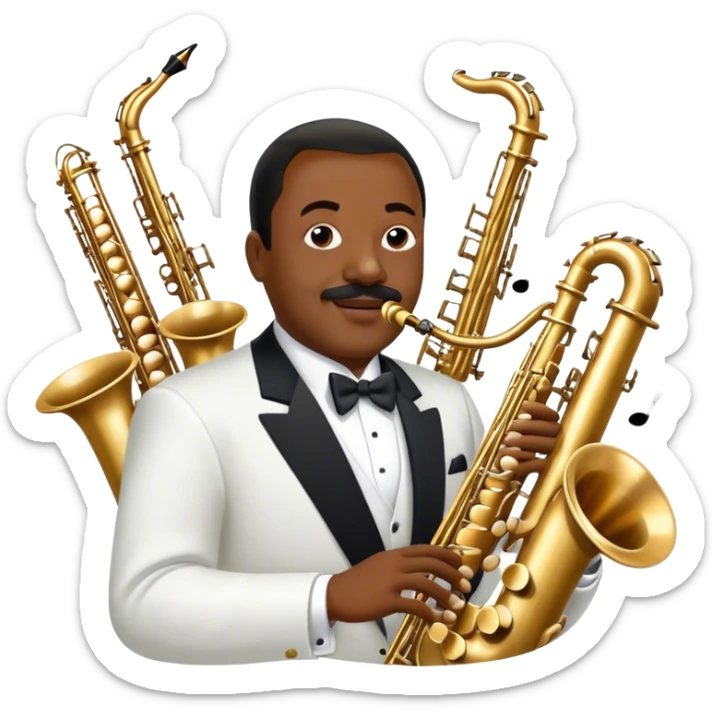 Icon for Jazz Music: Count Basie Orchestra, with Count Basie at the piano surrounded by jazz musicians playing instruments like saxophones, trumpets, and drums. Floating musical notes should capture the energetic and smooth vibe of big band jazz. Transparent background. sticker