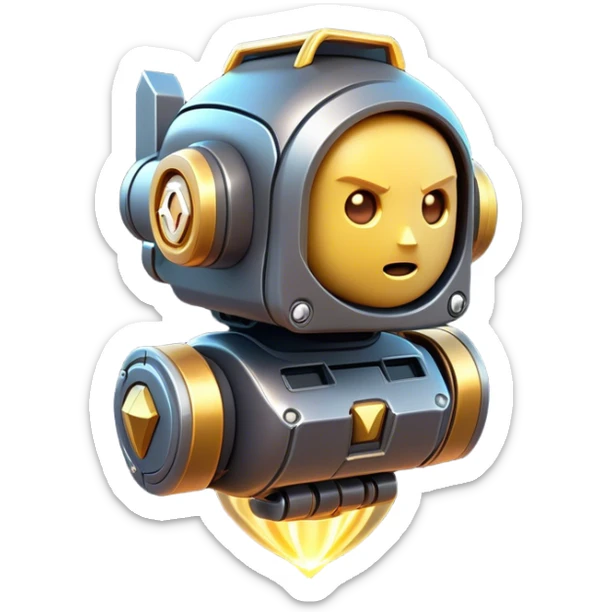 Clash of Clans aesthetic: Cinematic Playful 3D Isometric Jetpack Emoji, rendered in a 3D vector-style similar to standard emojis with minimal shading and bold, simplified shapes. A compact, distinct form with signature details, softly glowing with a futuristic sci-fi warfare charm. Simplified yet unmistakably iconic, highly detailed and consistent, glowing with a soft radiance and high shine. Stylized with a touch of high-tech brilliance and a soft glowing outline, capturing the essence of a beloved gaming relic with a friendly, playful manner! sticker