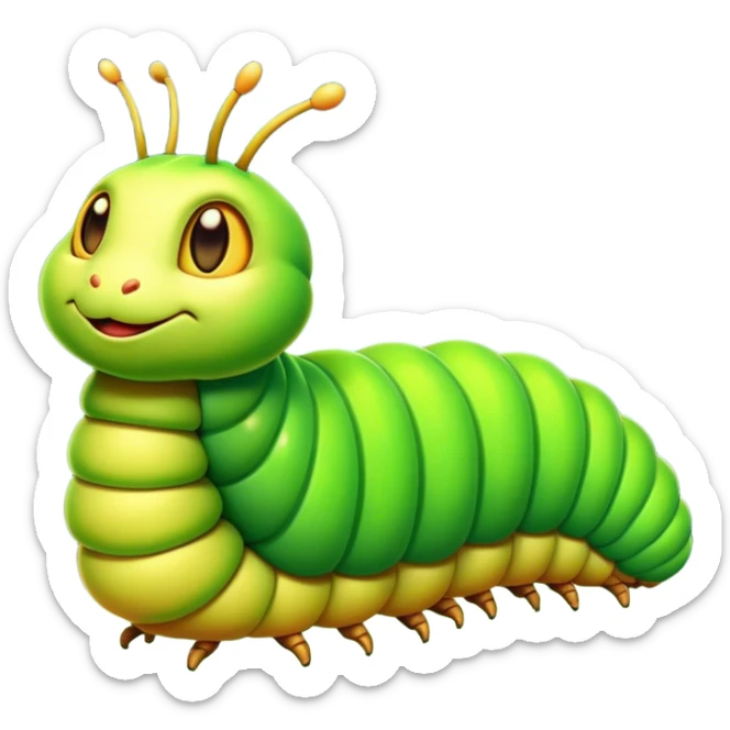 Cinematic Noble Caterpillar Portrait Emoji, Poised and vibrant, with a segmented, gently curving body adorned in bright, lively hues and delicate, inquisitive eyes, Simplified yet charmingly detailed features, highly detailed, glowing with a soft, verdant radiance, high shine, intelligent and resilient, stylized with an air of natural transformation, focused and curious, soft glowing outline, capturing the essence of a watchful caterpillar that appears ready to inch out of the screen with gentle determination! sticker