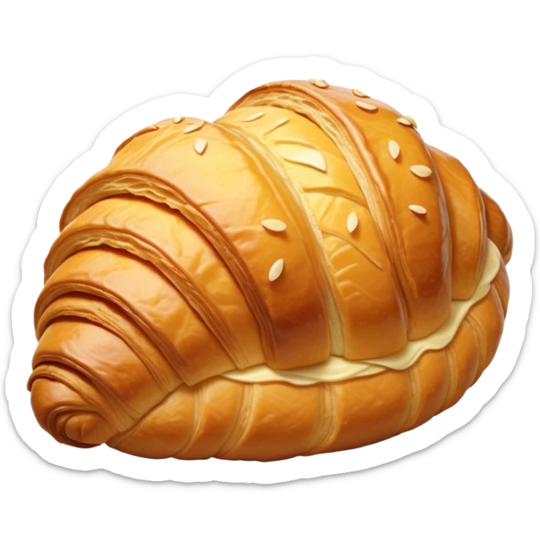 Cinematic golden croissant, perfectly flaky with crisp layers, slightly cracked to reveal buttery soft interior, warm golden glow, highly detailed and inviting. sticker