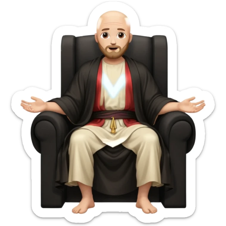 fullbody bald jesus christ jacked, sleeveless and unbuttoned in black robe sitting with elbows on armrests sticker