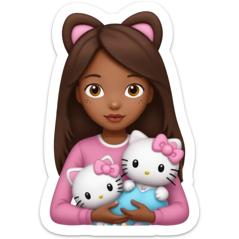 black girl with long brown hair, holding a hello kitty plushie  sticker