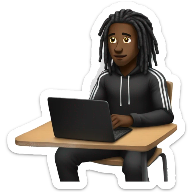 Black-guy-with-dreads-wearing-black-trackstuit-sitting-down-on-chair facing-foward-focused-on-laptop-computer- sticker