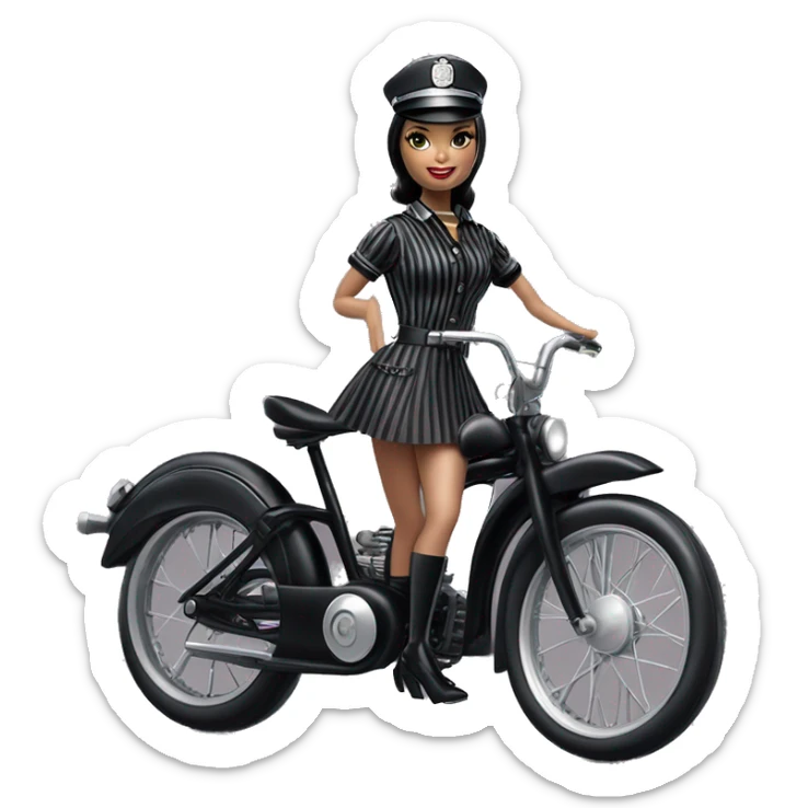 Silkstone Lingerie Barbie, Wednesday Addams from academy in vertically-striped dark-gray and black officer’s uniform with hat. Leaning back at the hips, riding a wheelie on a hot rod bike smiling  sticker