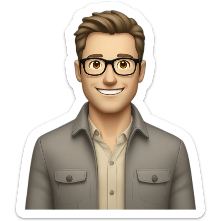 Joyful Pale skinned Fit Man With dark brown hair in gray jacket, beige office shirt, Brown pants and vintage glasses. His thrumbs up sticker