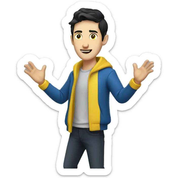 HALF BODY CAUCASIAN GUY WITH SOFT BLACK SHORT HAIR WITH BLUE COAT AND YELLOW INNER SHIRT SHOWING HIS DANCE MOVES sticker