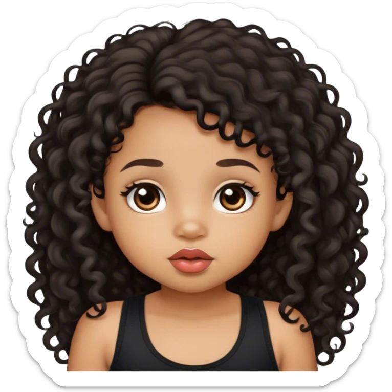 light brown skin tone, very adorable toddler, with big plump lips, long long lashes, black curly long hair, brown eyes, black tank top sticker