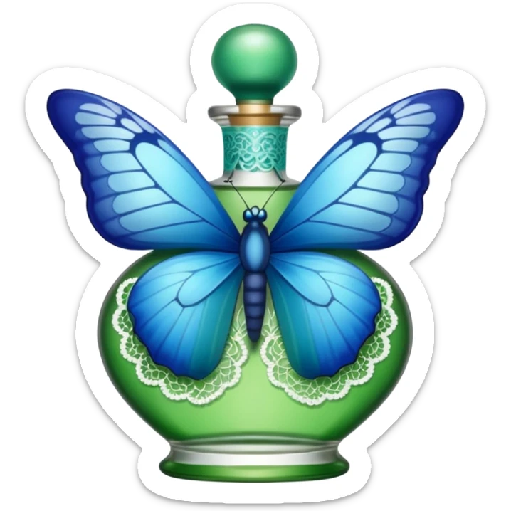 single blue butterfly on the edge of a green perfume bottle with lace details sticker