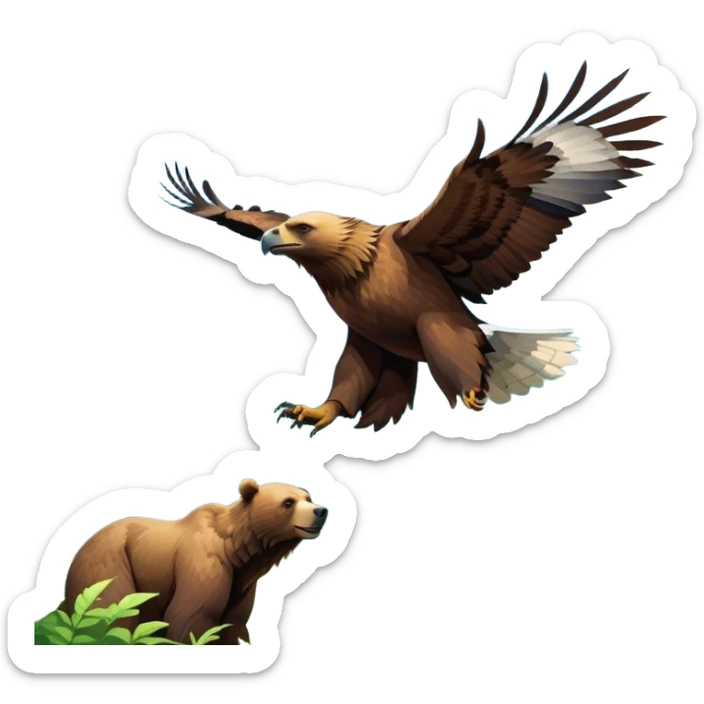 Collage of wild animals: a majestic bear in a lush green forest, a soaring eagle in the sky. A vibrant and detailed nature scene, capturing the beauty of wildlife. Transparent background. sticker
